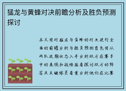 猛龙与黄蜂对决前瞻分析及胜负预测探讨